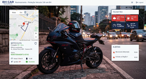 Interface de telemetria GPS e rastreamento veicular com mapa em tempo real do BH Car Rastreamento